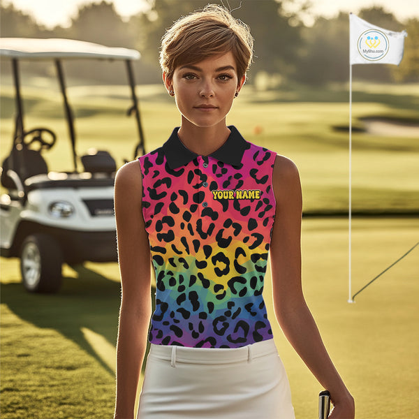 Custom Colorful rainbow pattern Women Sleeveless polo shirt, Personalized animal print golf outfit NQS10405