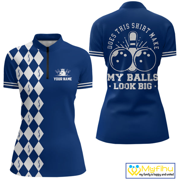 Funny blue and white argyle retro Women Bowling Shirts Custom Does this shirt make my balls look big NQS10610