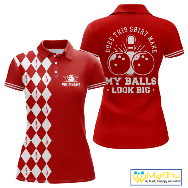 Funny red and white argyle retro Women Bowling Shirts Custom Does this shirt make my balls look big NQS10611
