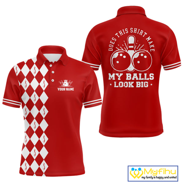 Funny red and white argyle retro Bowling Shirt for men Custom Does this shirt make my balls look big NQS10611