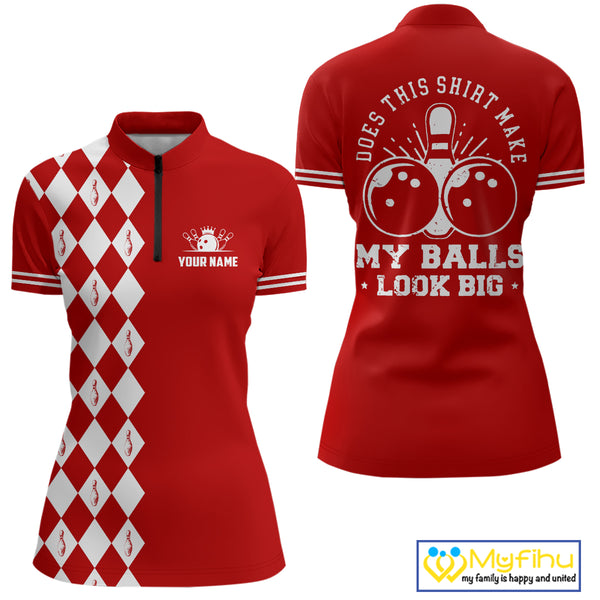 Funny red and white argyle retro Women Bowling Shirts Custom Does this shirt make my balls look big NQS10611