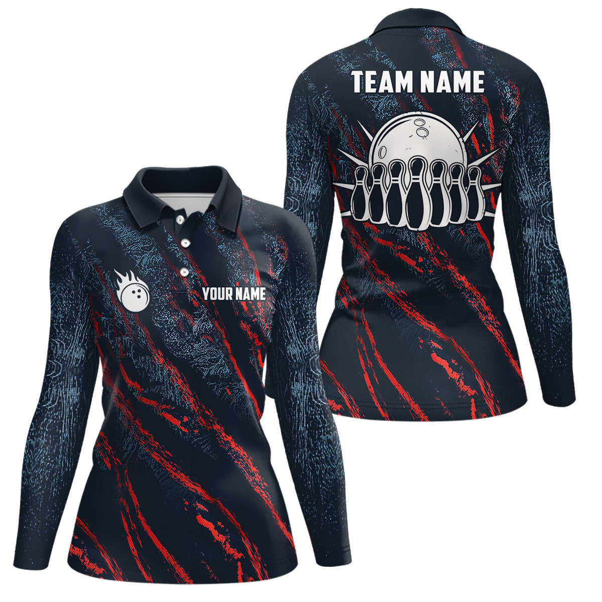 Blue and red camo bowling ball and pins jerseys Custom Team League Bowling Polo Shirts For Women NQS6554