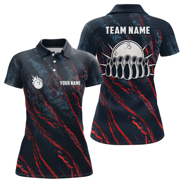 Blue and red camo bowling ball and pins jerseys Custom Team League Bowling Polo Shirts For Women NQS6554