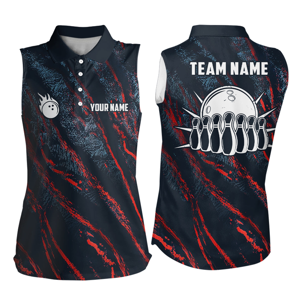 Blue red camo bowling ball and pins jersey Custom Team League Bowling sleeveless polo Shirts For Women NQS6554