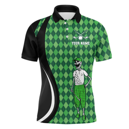 Mens golf polo shirts custom black green argyle pattern golf skull golf tops for ladies, golf gifts NQS7010
