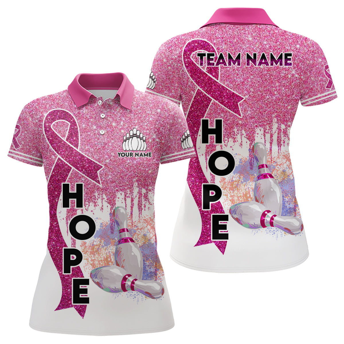 Pink glitter ribbon breast cancer awareness bowling jerseys Custom Team Bowling Polo Shirt For Women NQS6555