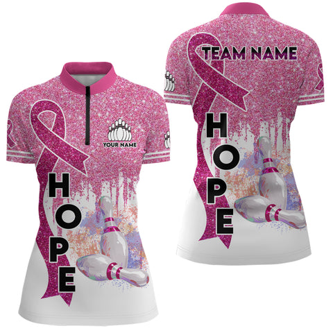 Pink glitter ribbon breast cancer awareness bowling jerseys Custom Team Quarter Zip Shirts For Women NQS6555