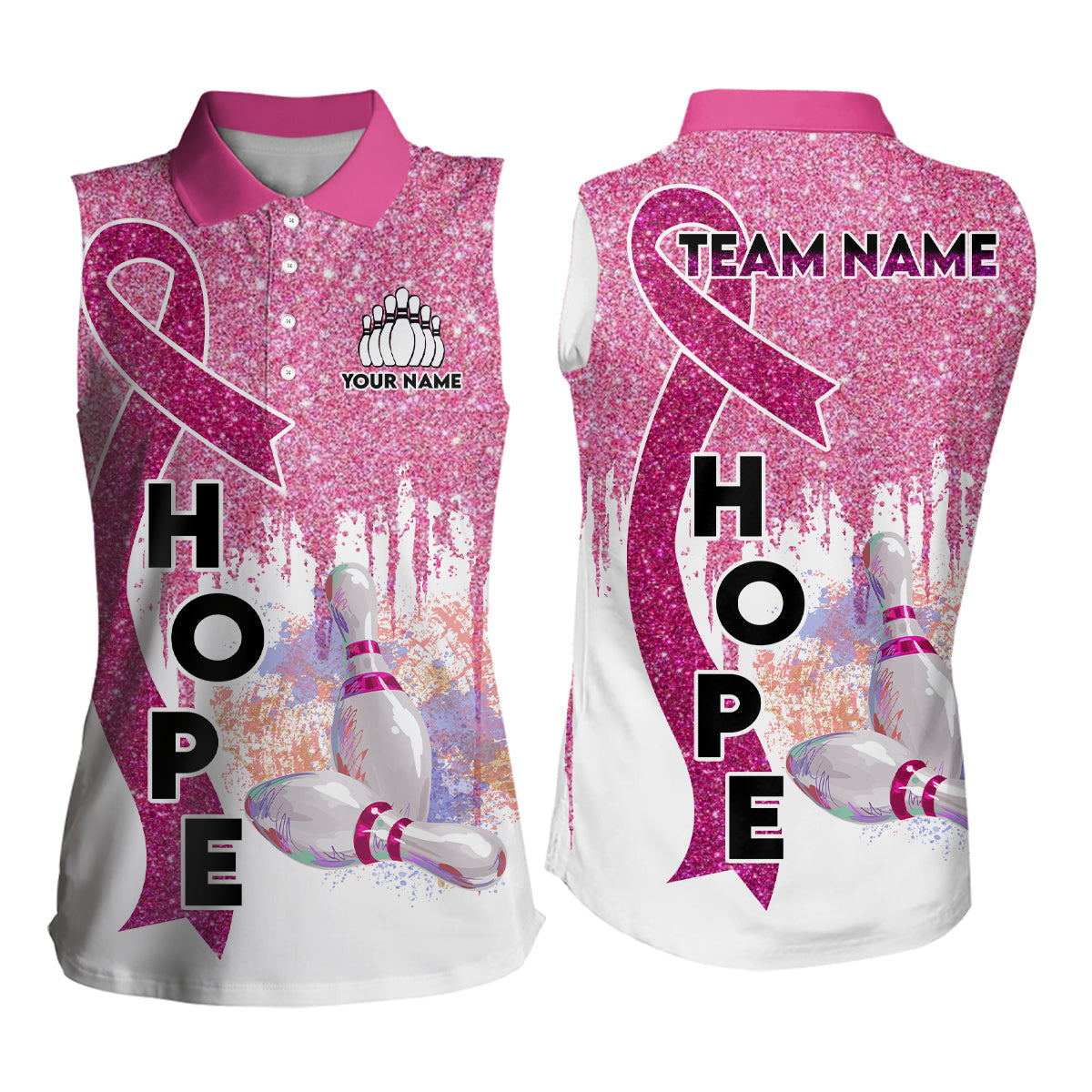 Pink glitter ribbon breast cancer awareness bowling jerseys Custom sleeveless polo Shirts For Women NQS6555
