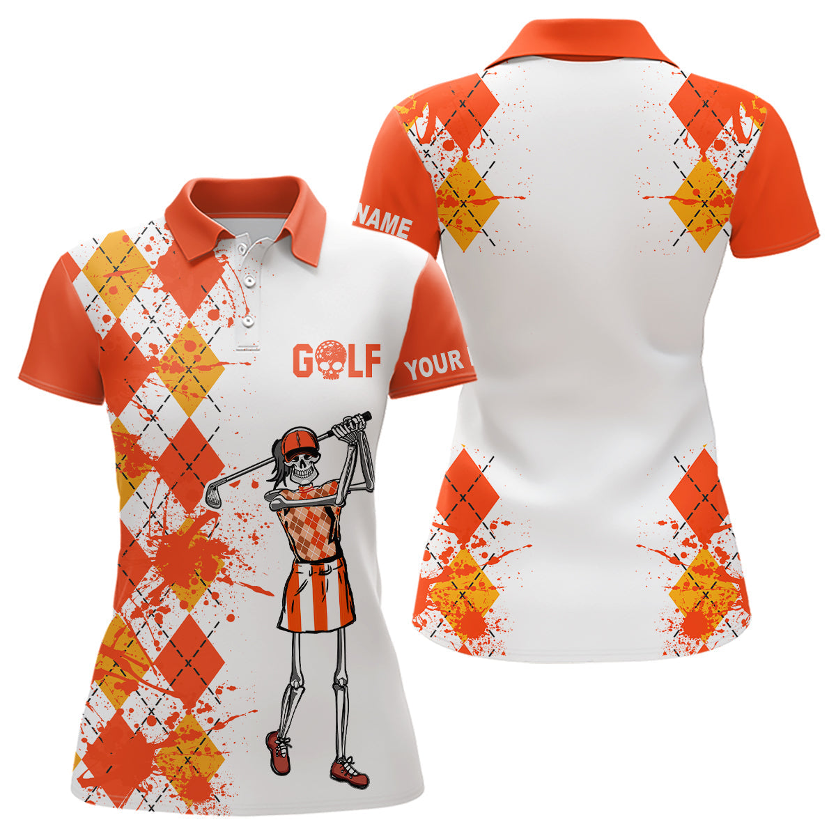 Women golf polo shirts argyle pattern custom skull golf outfit ladies, golf attire for womens | Orange NQS6561