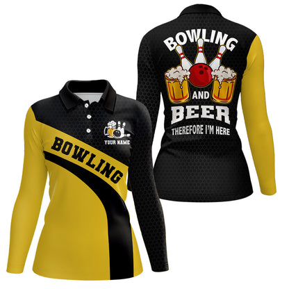 Bowling team Polo shirt for women custom black and yellow bowling and beer therefore I'm here NQS6566