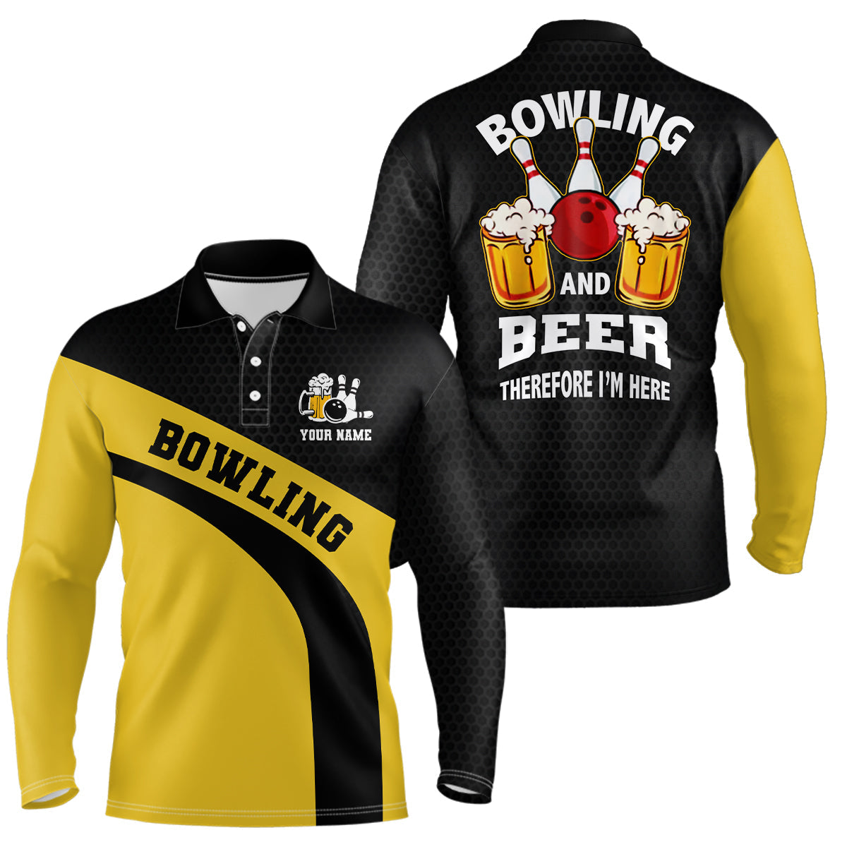 Bowling team polo shirts for men custom name black and yellow bowling and beer therefore I'm here NQS6566