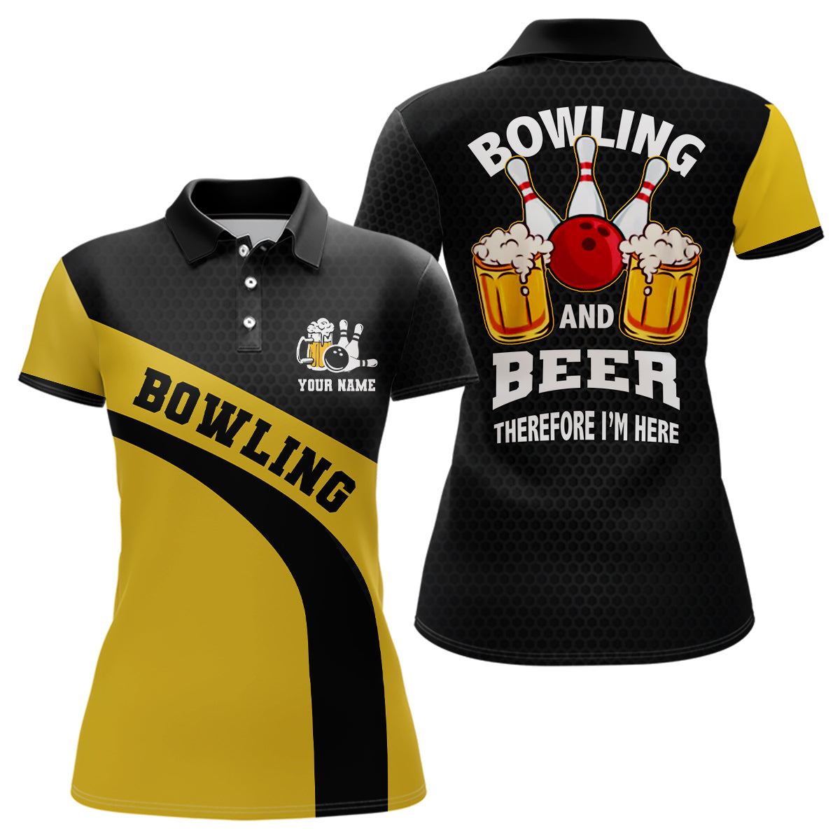 Bowling team Polo shirt for women custom black and yellow bowling and beer therefore I'm here NQS6566