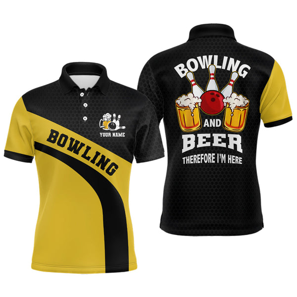 Bowling team polo shirts for men custom name black and yellow bowling and beer therefore I'm here NQS6566