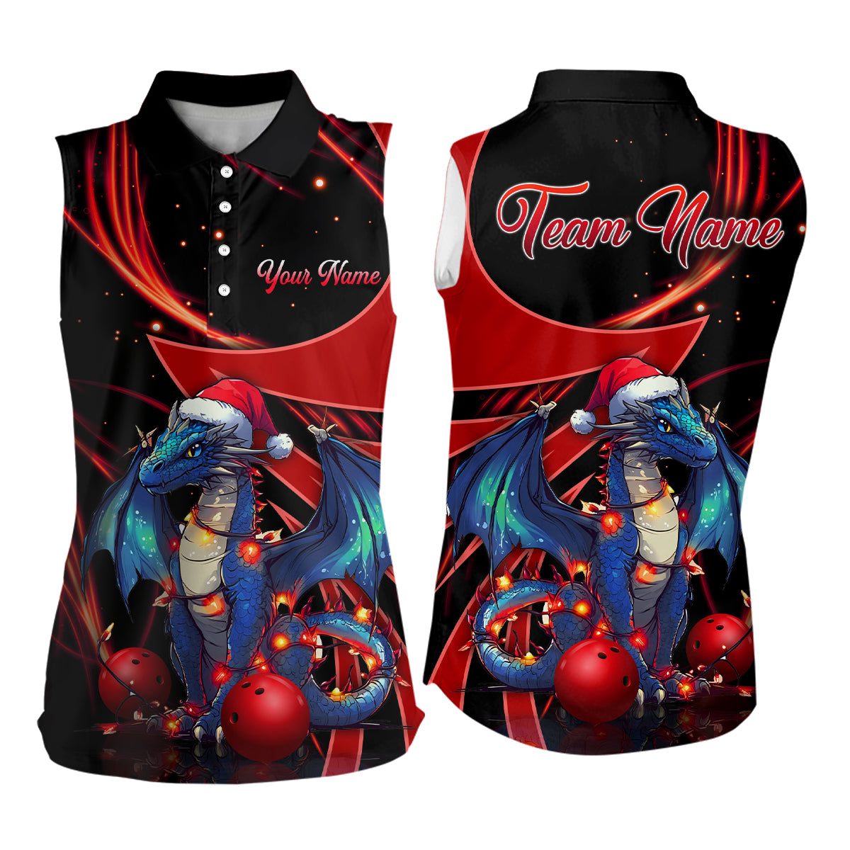 Black and Red Dragon Christmas Custom Bowling Sleeveless Polo Shirt Personalized Bowling Team Jerseys NQS8911