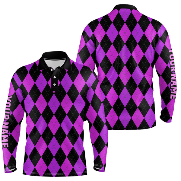 Mens golf polo shirts custom purple and black argyle plaid pattern golf attire for men NQS7810