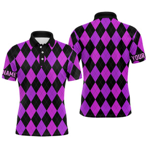 Mens golf polo shirts custom purple and black argyle plaid pattern golf attire for men NQS7810