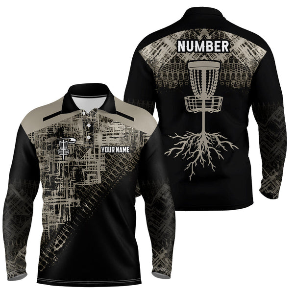 Beige Black Disc golf basket camo custom name & number Men polo shirts, disco golf outfit for men NQS6130