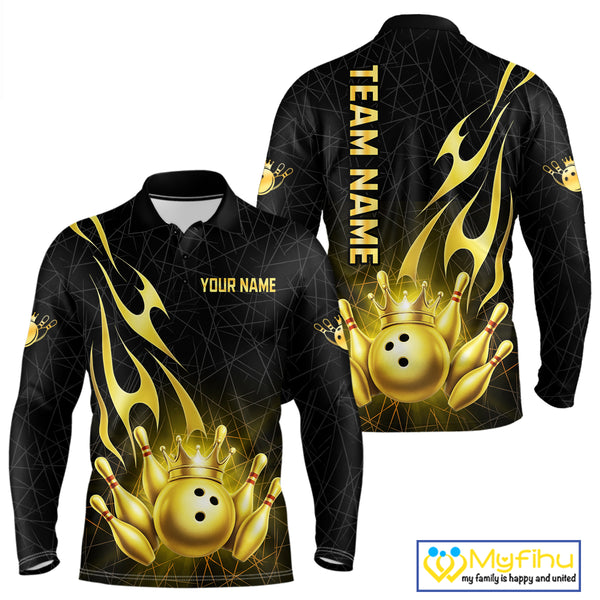 Black and Gold Flame Bowling Shirts For Men Custom Bowling Team League Jersey, Gift For Bowler NQS10439