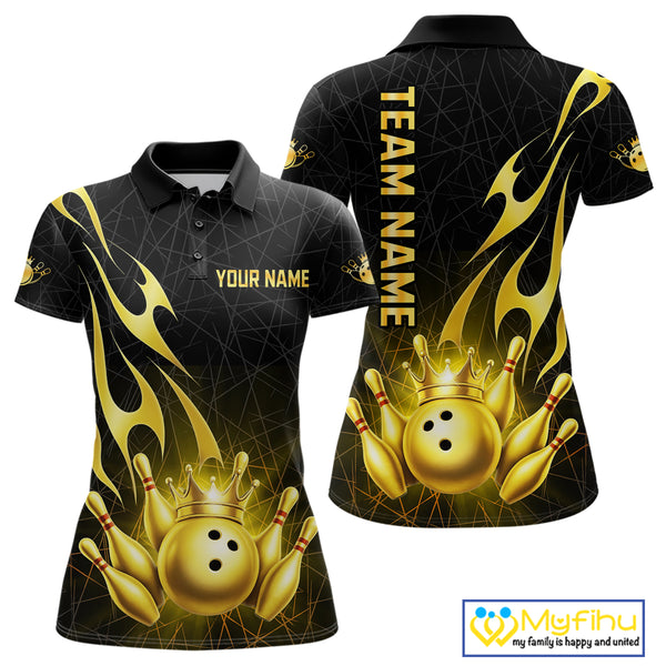 Black and Gold Flame Bowling Shirts For Women Custom Bowling Team League Jersey, Gift For Bowler NQS10439