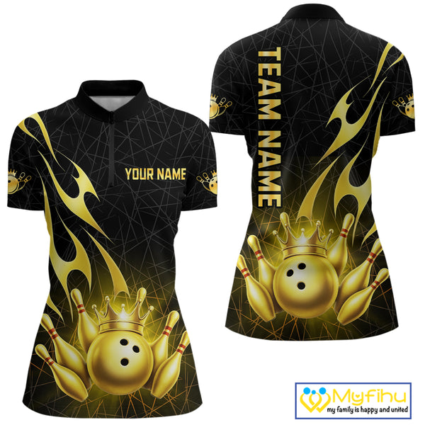 Black and Gold Flame Bowling Shirts For Women Custom Bowling Team League Jersey, Gift For Bowler NQS10439