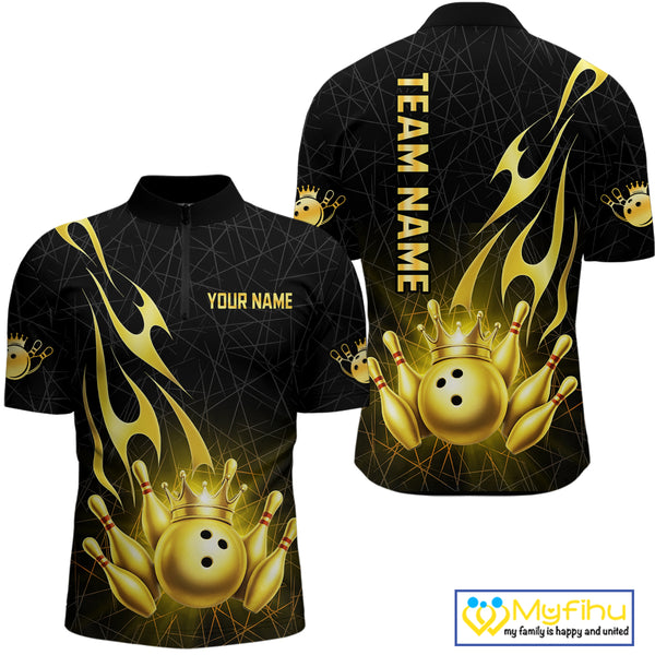 Black and Gold Flame Bowling Shirts For Men Custom Bowling Team League Jersey, Gift For Bowler NQS10439