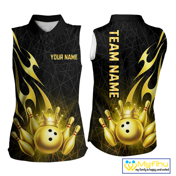Black and Gold Flame Bowling Sleeveless Polo Shirt Custom Bowling Team League Jersey, Gift For Bowler NQS10439