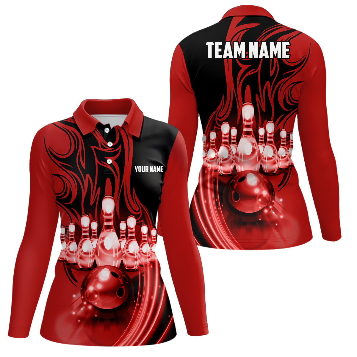 Bowling ball and pins Red light Custom Team League Bowling jerseys Polo Shirts For Women NQS6579