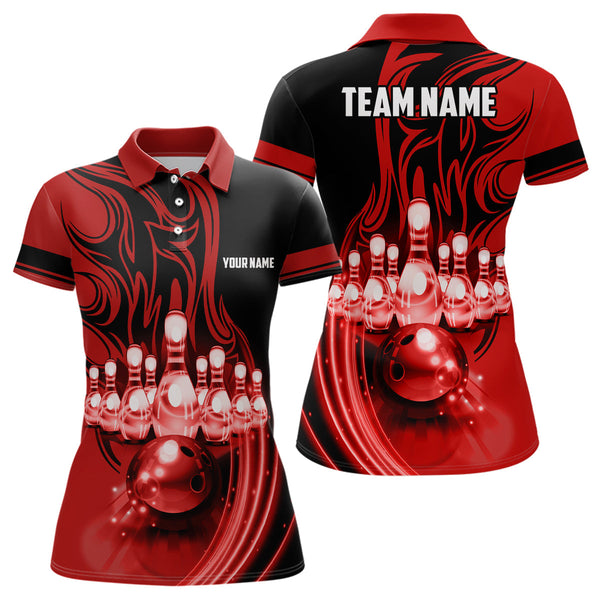 Bowling ball and pins Red light Custom Team League Bowling jerseys Polo Shirts For Women NQS6579
