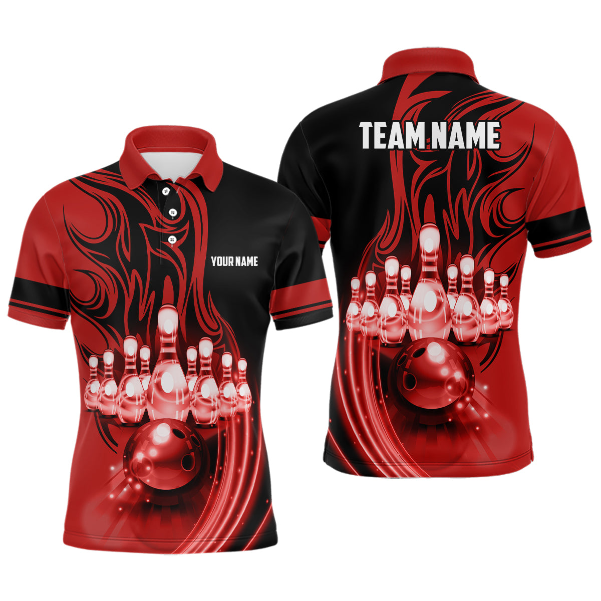 Bowling ball and pins Red light Custom Team League Bowling jerseys Polo Shirts For Men NQS6579