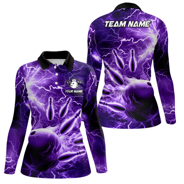 Womens polo bowling shirts Custom purple lightning thunder Bowling Team Jersey, gift for team Bowlers NQS6581