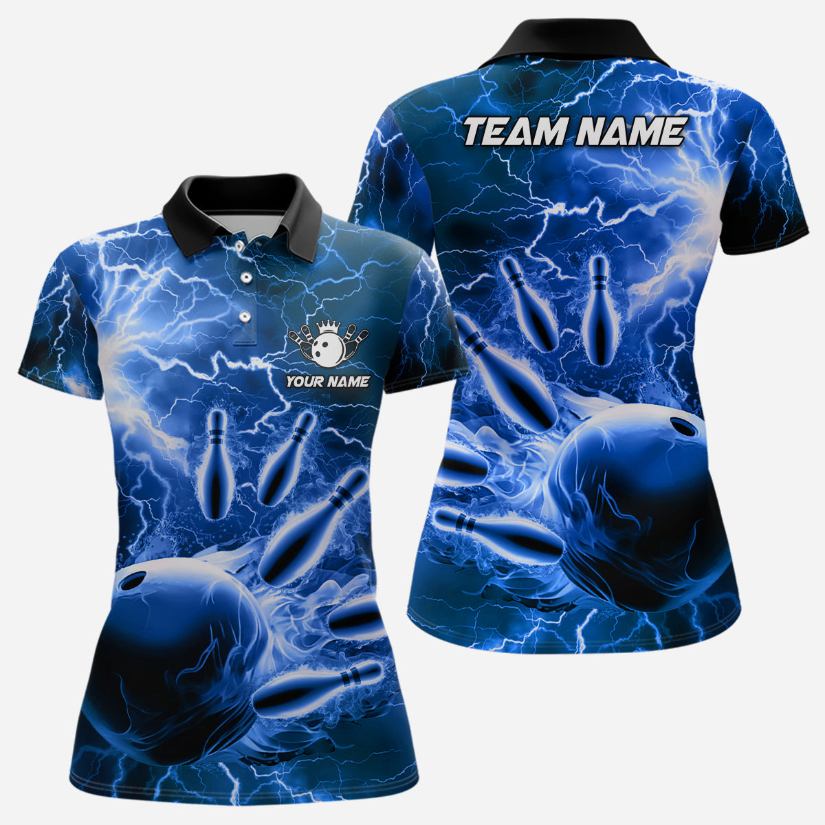 Womens polo bowling shirts Custom blue lightning thunder Bowling Team Jersey, gift for team Bowlers NQS6582
