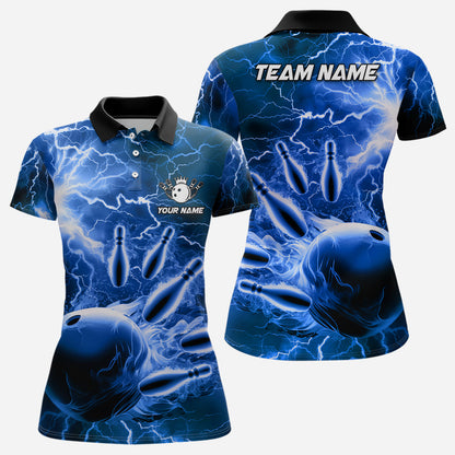Womens polo bowling shirts Custom blue lightning thunder Bowling Team Jersey, gift for team Bowlers NQS6582