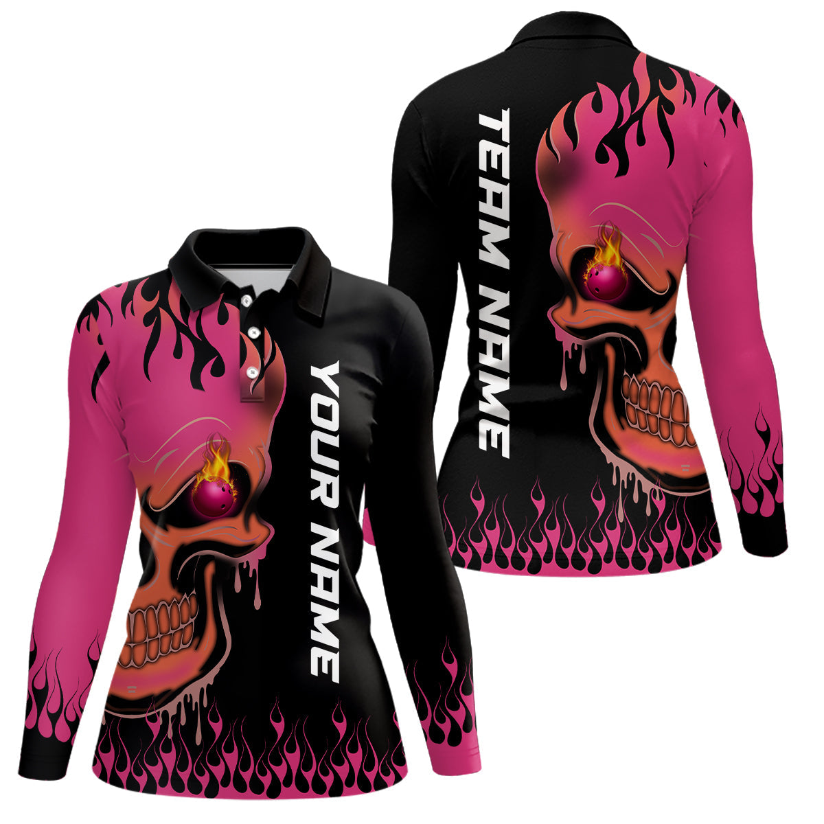 Pink Flame Bowling Skull custom Womens bowling polo shirt, Team League Jerseys Gift For Bowlers NQS6835