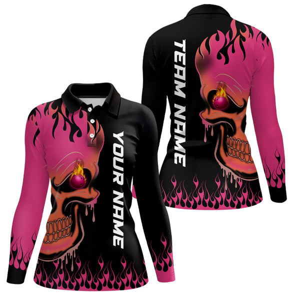 Pink Flame Bowling Skull custom Womens bowling polo shirt, Team League Jerseys Gift For Bowlers NQS6835