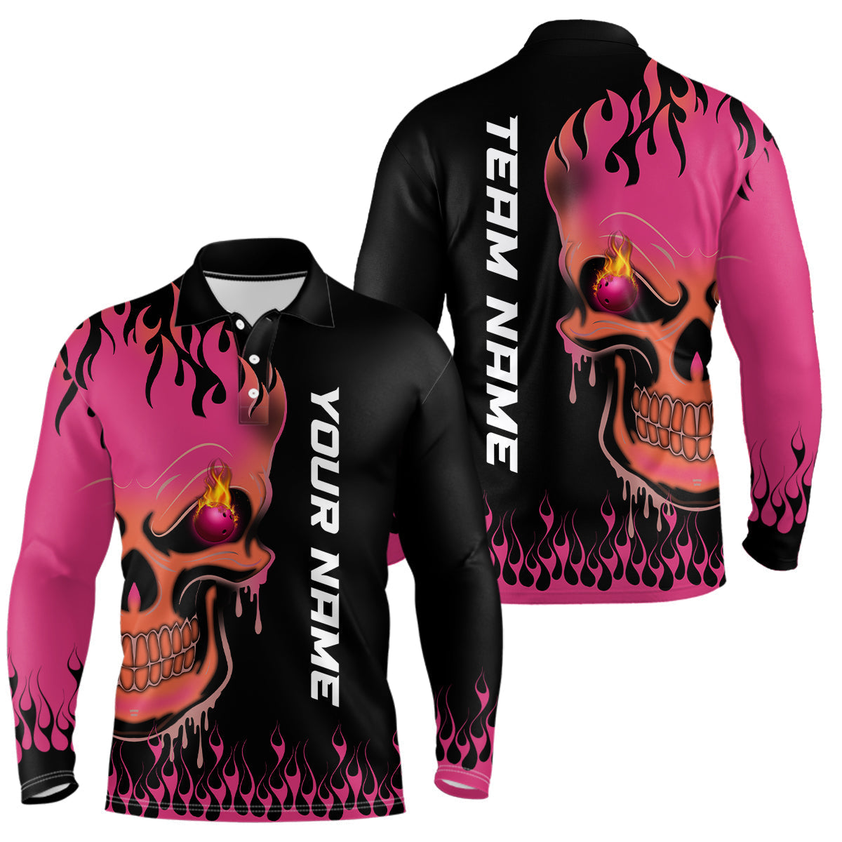 Pink Flame Bowling Skull custom Men polo Bowling Shirt, Team League Jersey Gift For Bowlers NQS6835