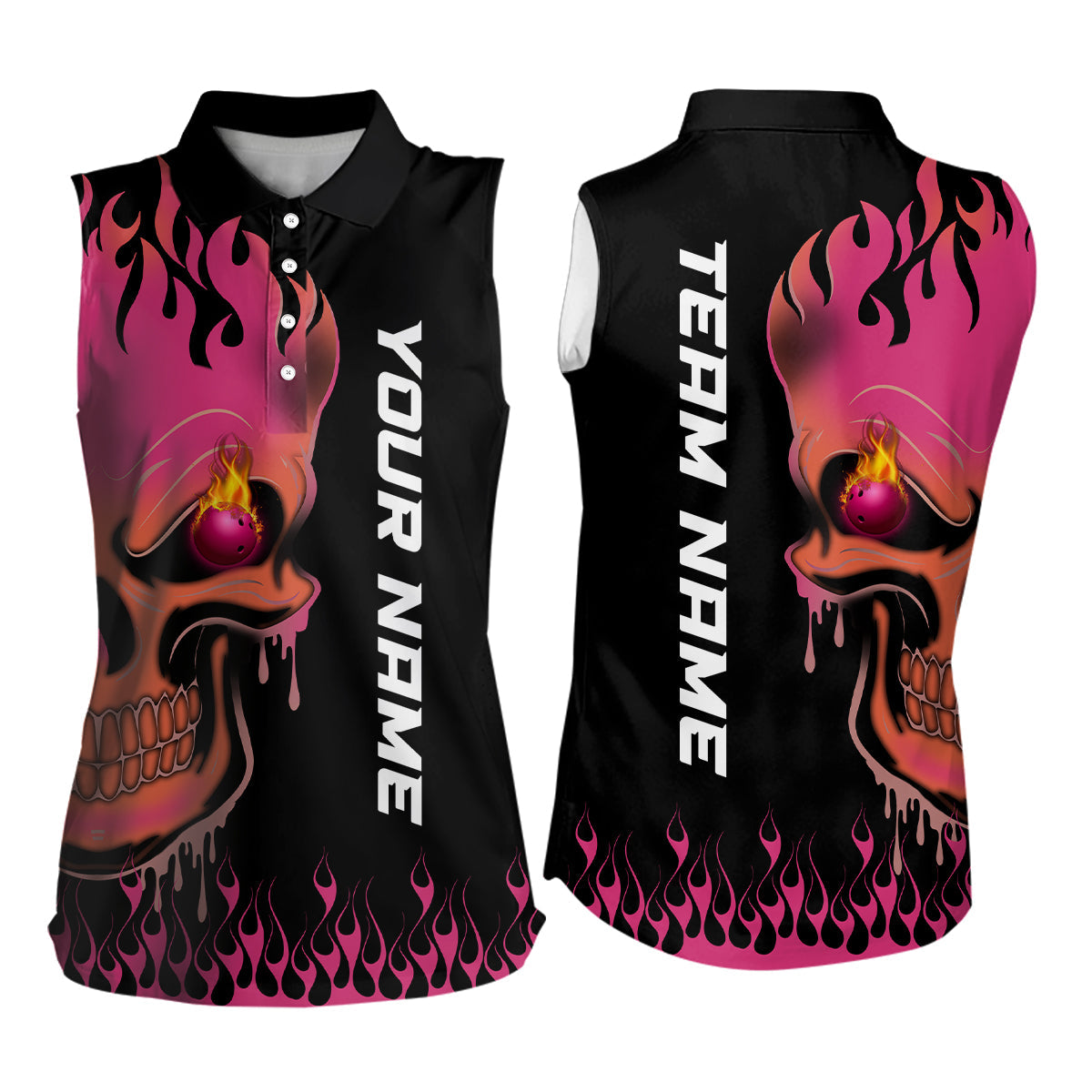 Pink Flame Bowling Skull custom Women sleeveless polo shirt, Team League Jersey Gift For Bowlers NQS6835