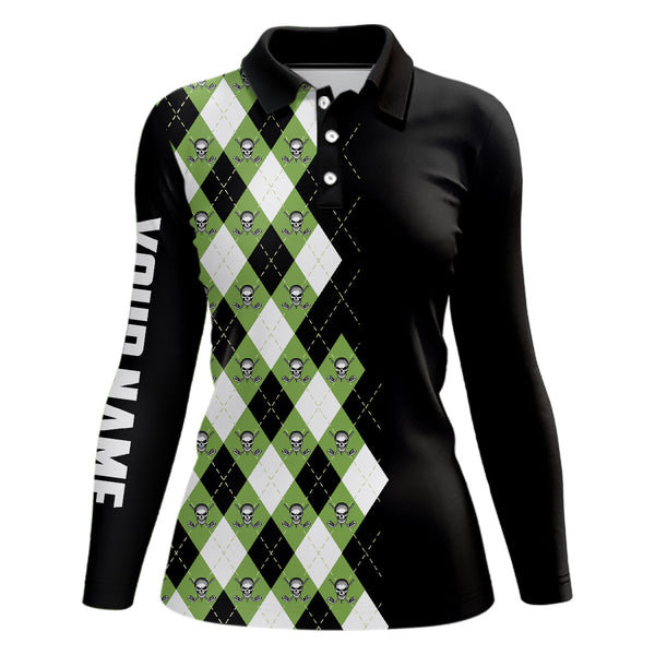Green argyle plaid skull pattern custom black Women golf polo shirt, golf tops for ladies golfing gift NQS6844