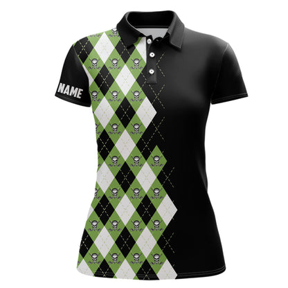 Green argyle plaid skull pattern custom black Women golf polo shirt, golf tops for ladies golfing gift NQS6844