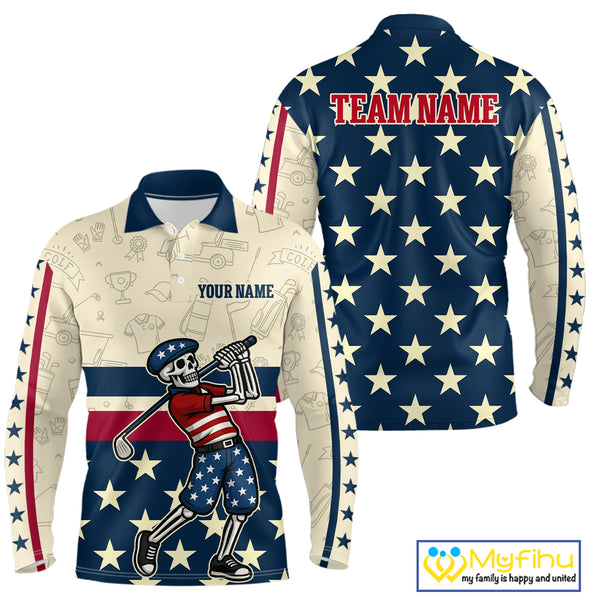 Funny Skull golfer vintage American Flag Custom patriotic golf polo shirts for men, golfing gifts NQS9964