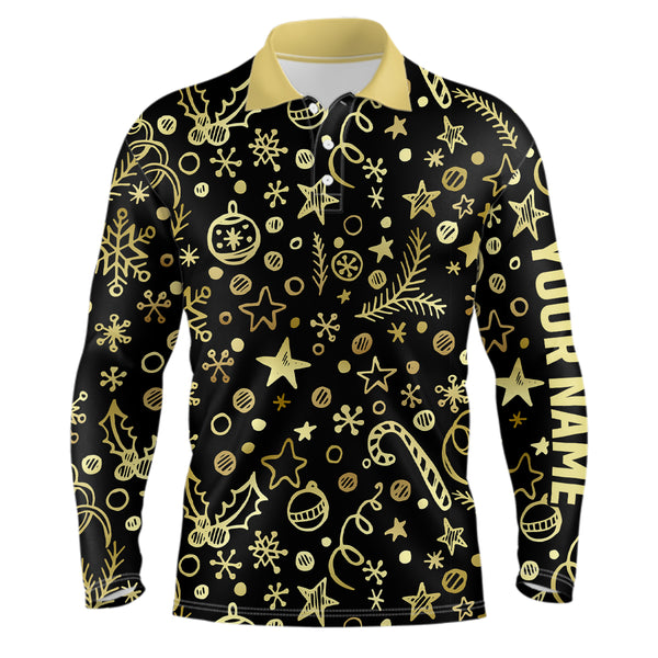 Mens golf polo shirts custom golden Christmas black pattern shirt for ladies, personalized golf gifts NQS6586