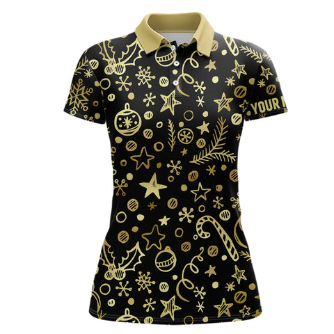 Women golf polo shirts custom golden Christmas black pattern shirt for ladies, personalized golf gifts NQS6586