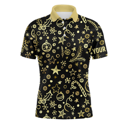 Mens golf polo shirts custom golden Christmas black pattern shirt for ladies, personalized golf gifts NQS6586