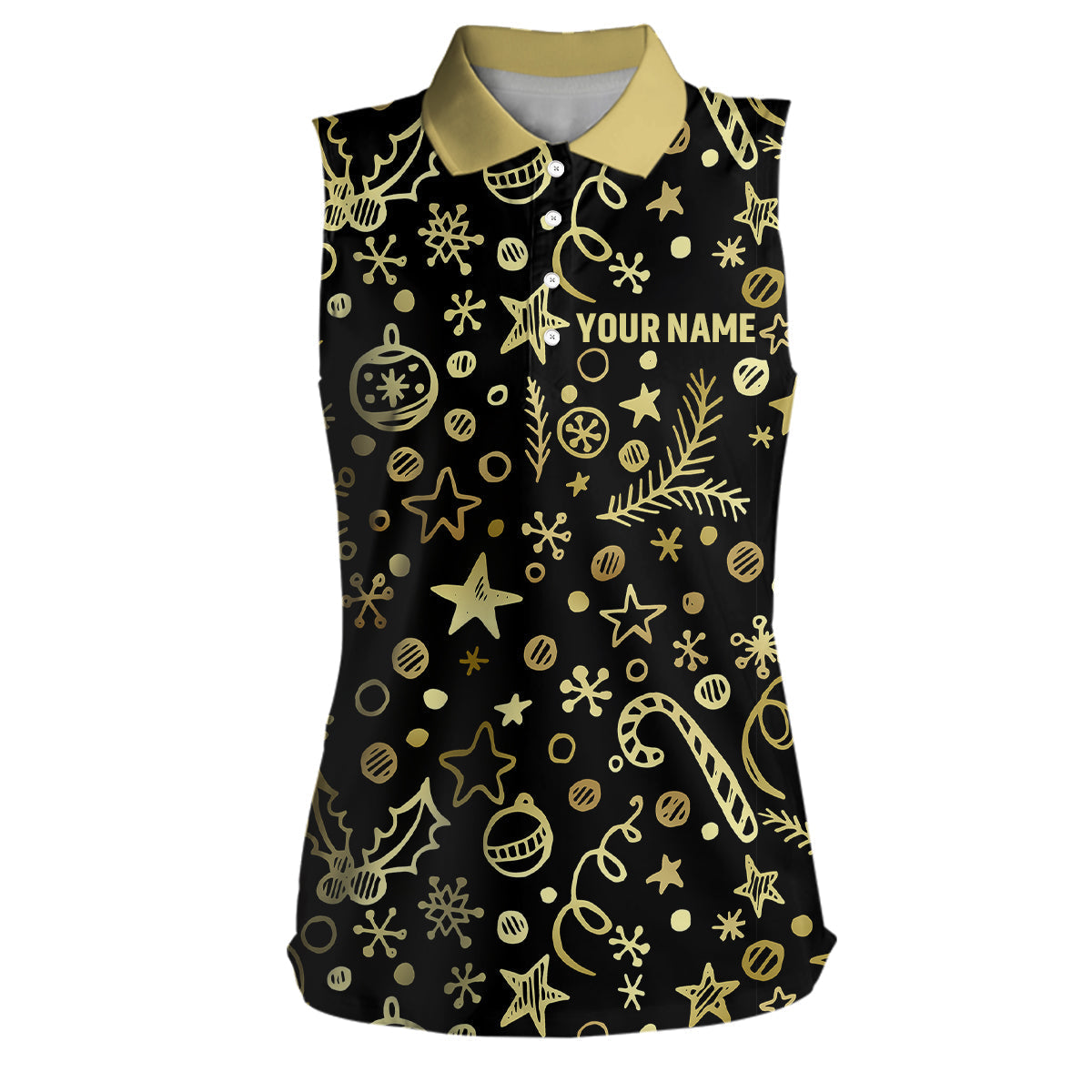Women sleeveless polo shirts custom golden Christmas black pattern shirt for ladies personalized gifts NQS6586