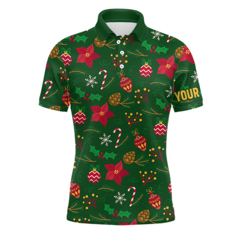 Mens golf polo shirts custom green Christmas pattern shirt for ladies, personalized golf gifts NQS6587