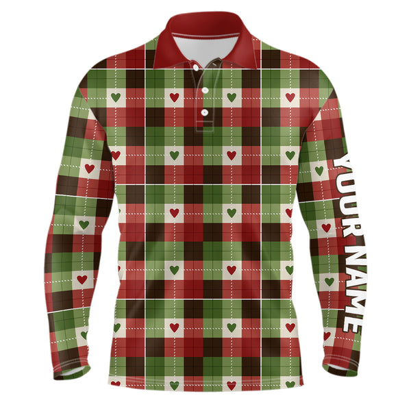 Mens golf polo shirts custom green & red Flat christmas plaid pattern shirts for mens, golfer gifts NQS6584