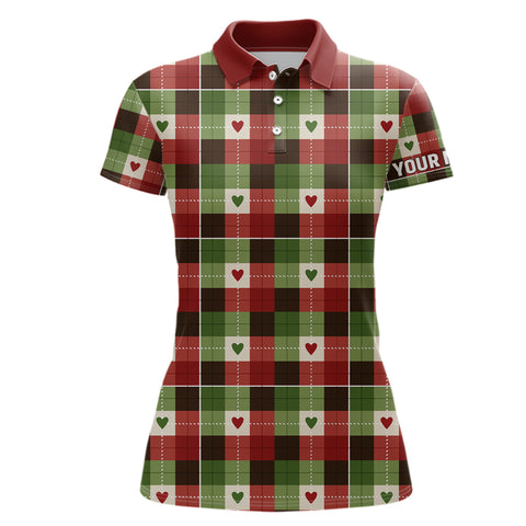 Women golf polo shirts custom green & red Flat christmas plaid pattern shirts for ladies, golfer gifts NQS6584