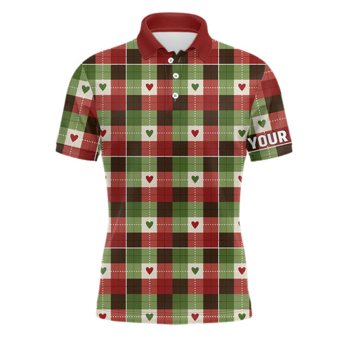 Mens golf polo shirts custom green & red Flat christmas plaid pattern shirts for mens, golfer gifts NQS6584