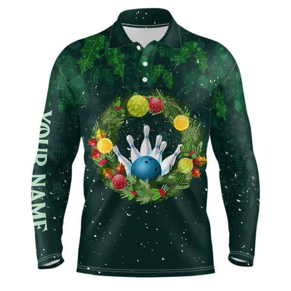 Green Christmas Wreath Men Bowling Polo Shirt custom green pattern Christmas bowling tops NQS6856