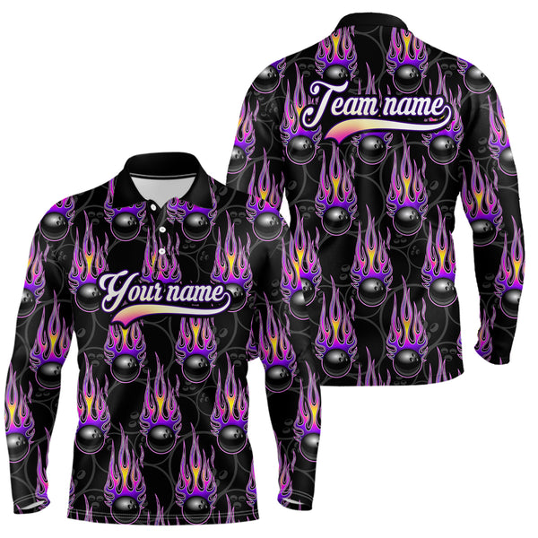 Black Bowling Ball Camo Purple Flame Bowling Polo, 1/4 Zip Shirt for Men Custom Bowling Team Jersey NQS8939