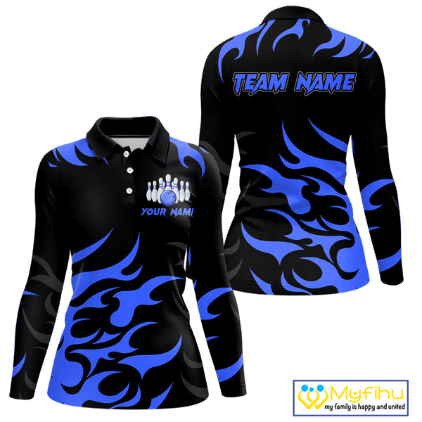 Black and Blue Flame Bowling shirts for Women Custom team bowling jerseys, ladies bowling apparel NQS10267